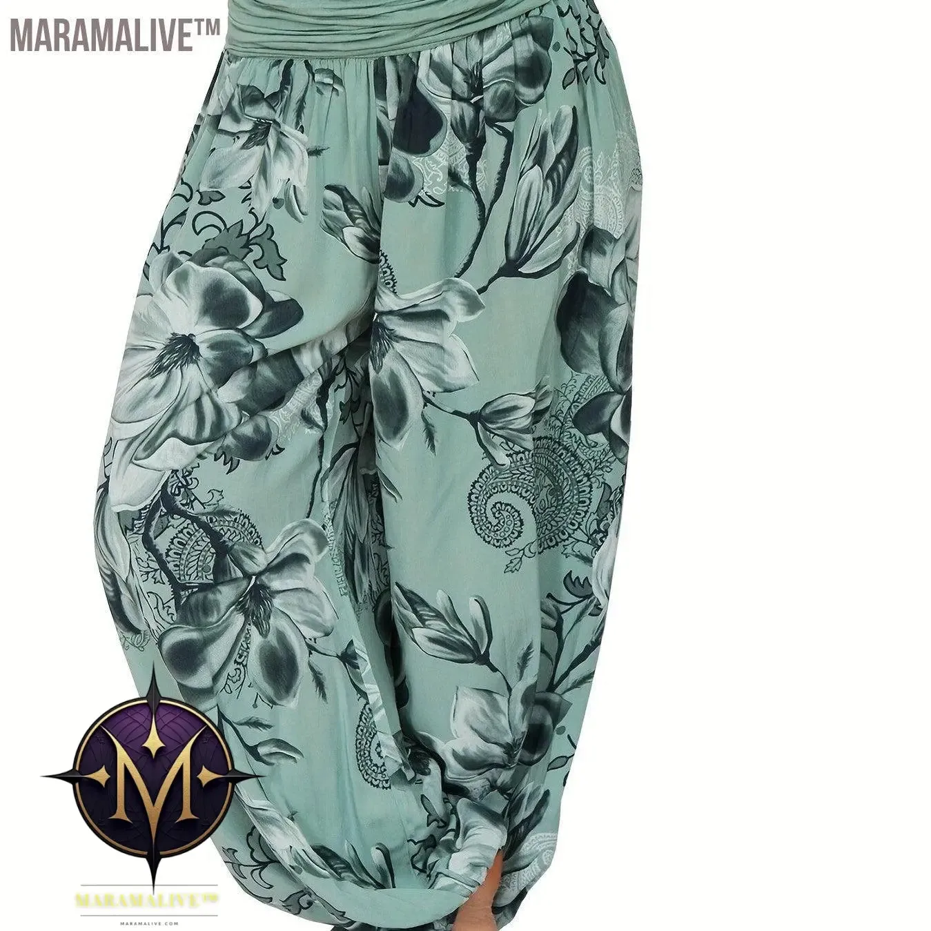 Boho Floral Print Ruched Harem Pants, Casual Bohemian Pants For Spring & Summer, Women's Clothing
