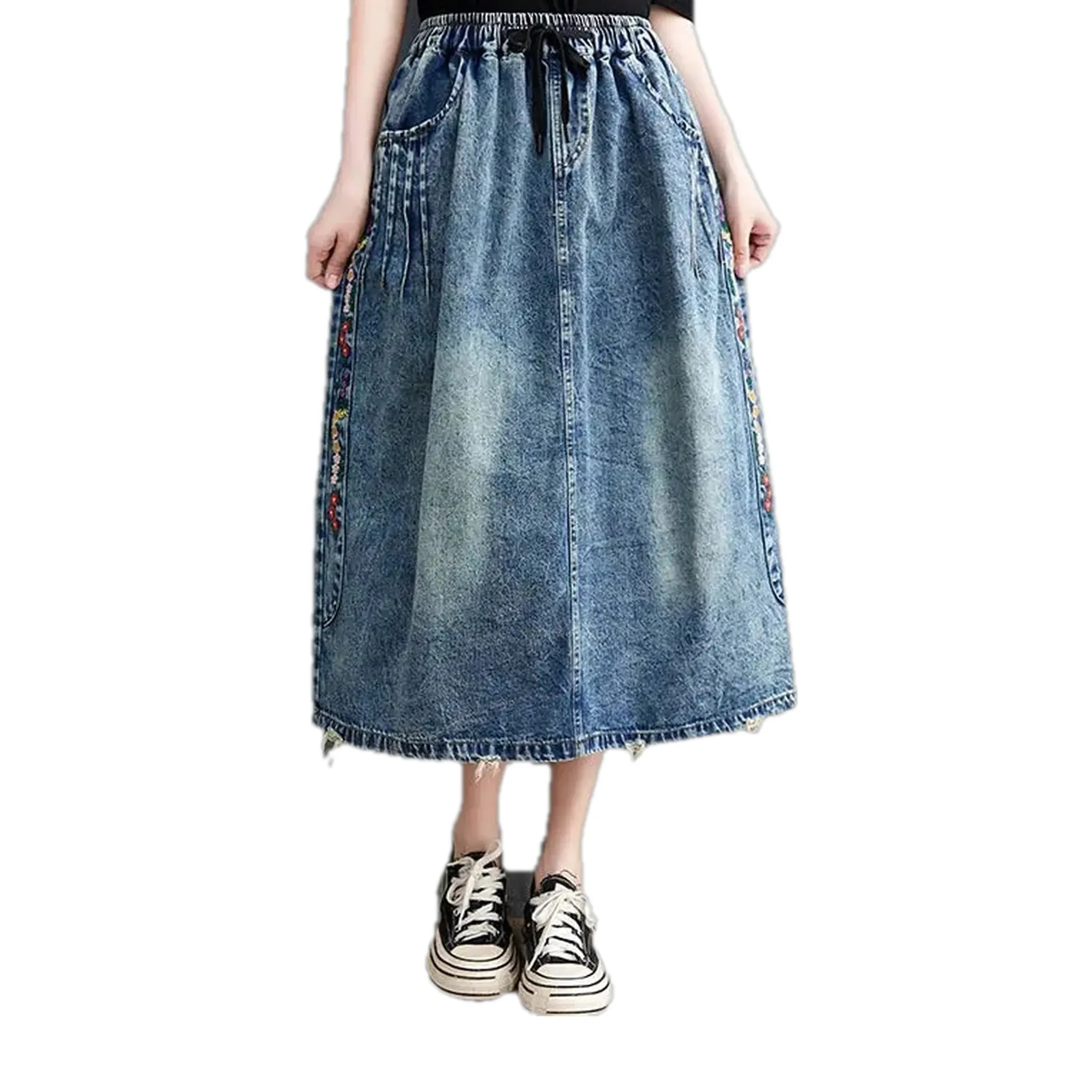 Boho style raw hem denim skirt