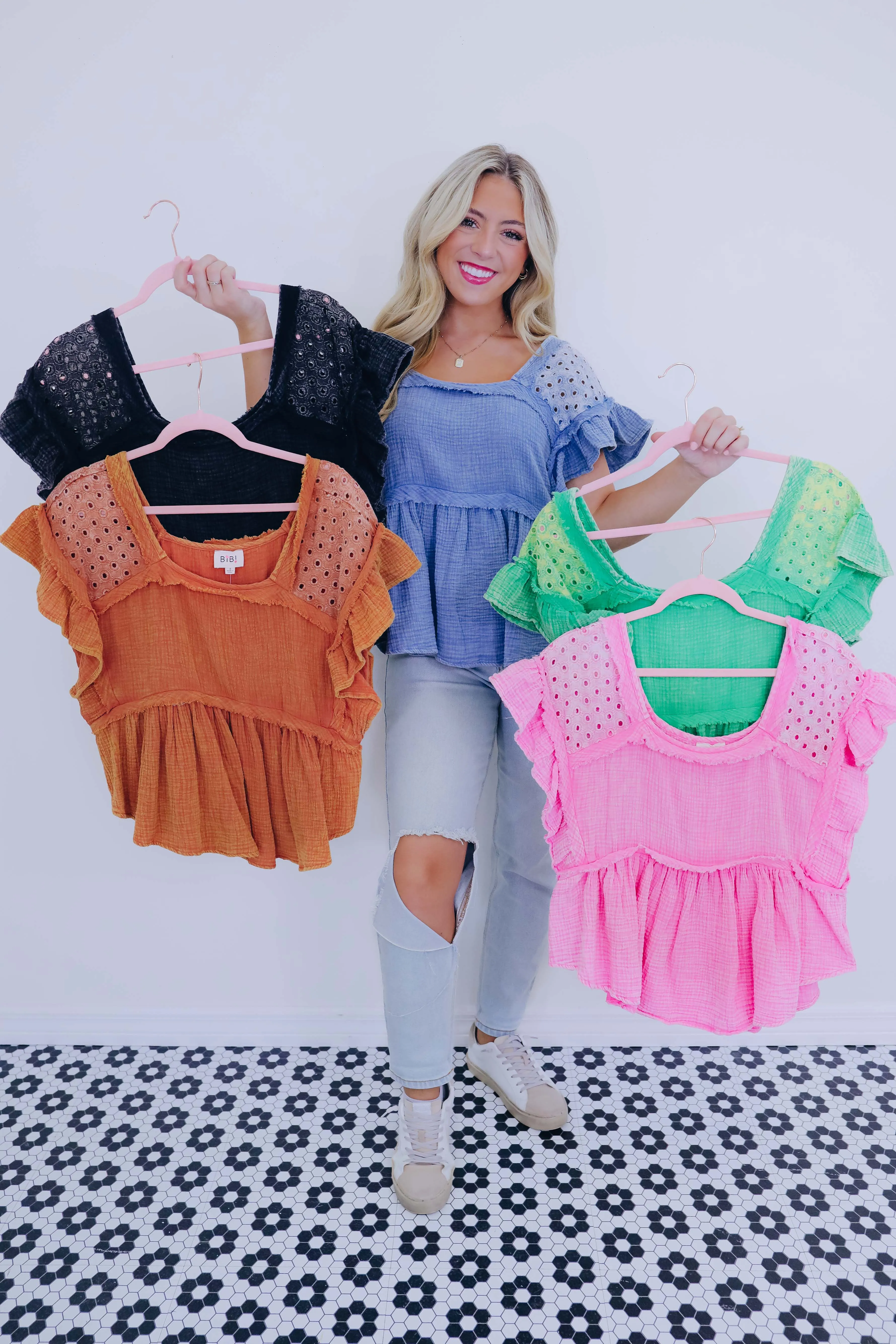 Brooklyn Babydoll Washed Eyelet Top - 5 Colors