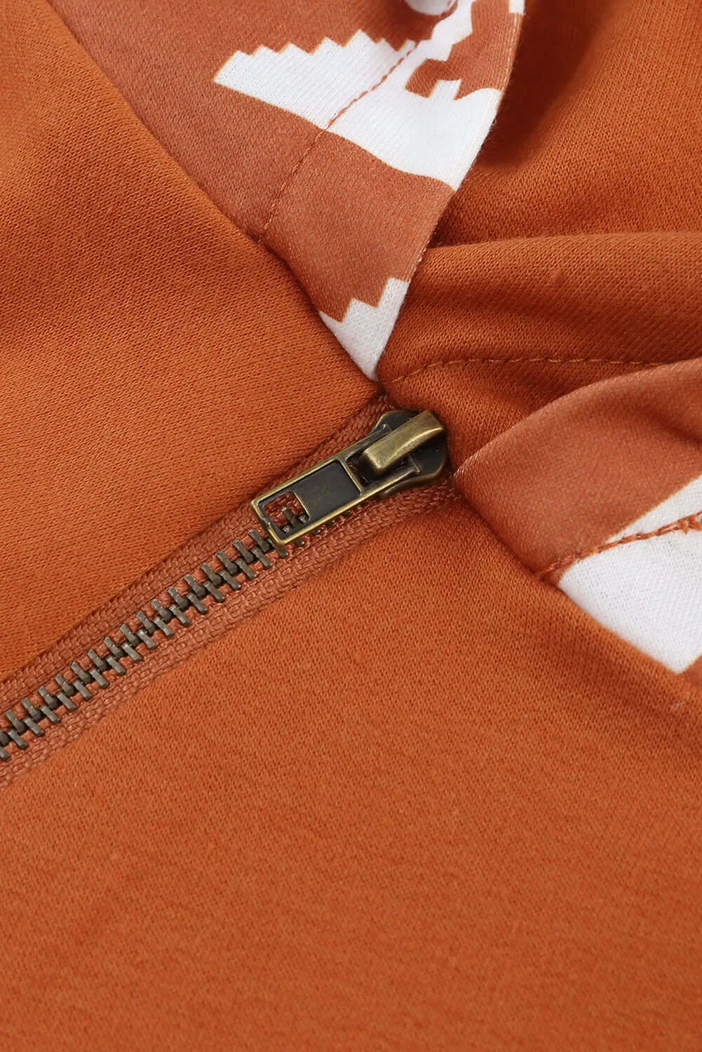 Brown Aztec Print Patchwork Thumb Hole Hoodie