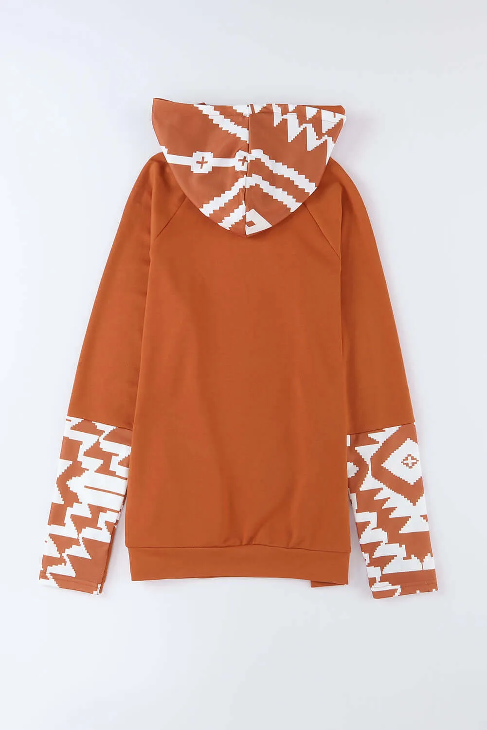Brown Aztec Print Patchwork Thumb Hole Hoodie