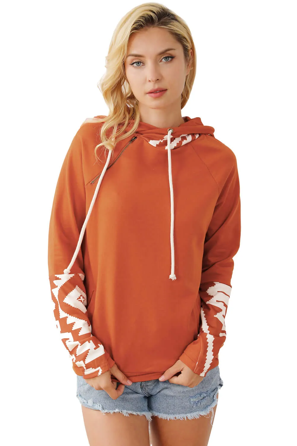 Brown Aztec Print Patchwork Thumb Hole Hoodie