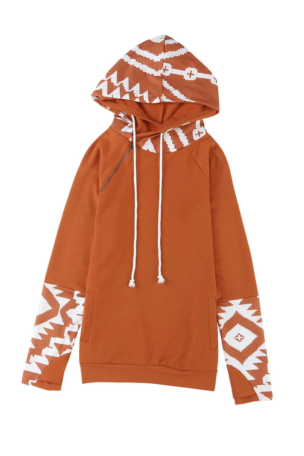 Brown Aztec Print Patchwork Thumb Hole Hoodie