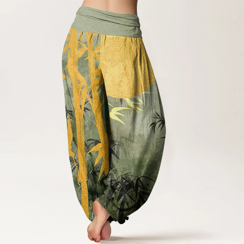 Buddha Stones Bamboo Leaves Full Moon Pattern Women's Elastic Waist Harem Pants