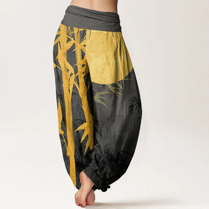 Buddha Stones Bamboo Leaves Full Moon Pattern Women's Elastic Waist Harem Pants