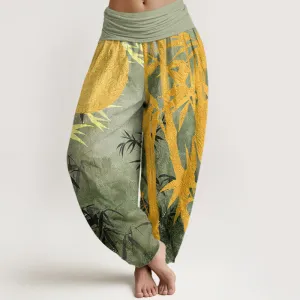 Buddha Stones Bamboo Leaves Full Moon Pattern Women's Elastic Waist Harem Pants