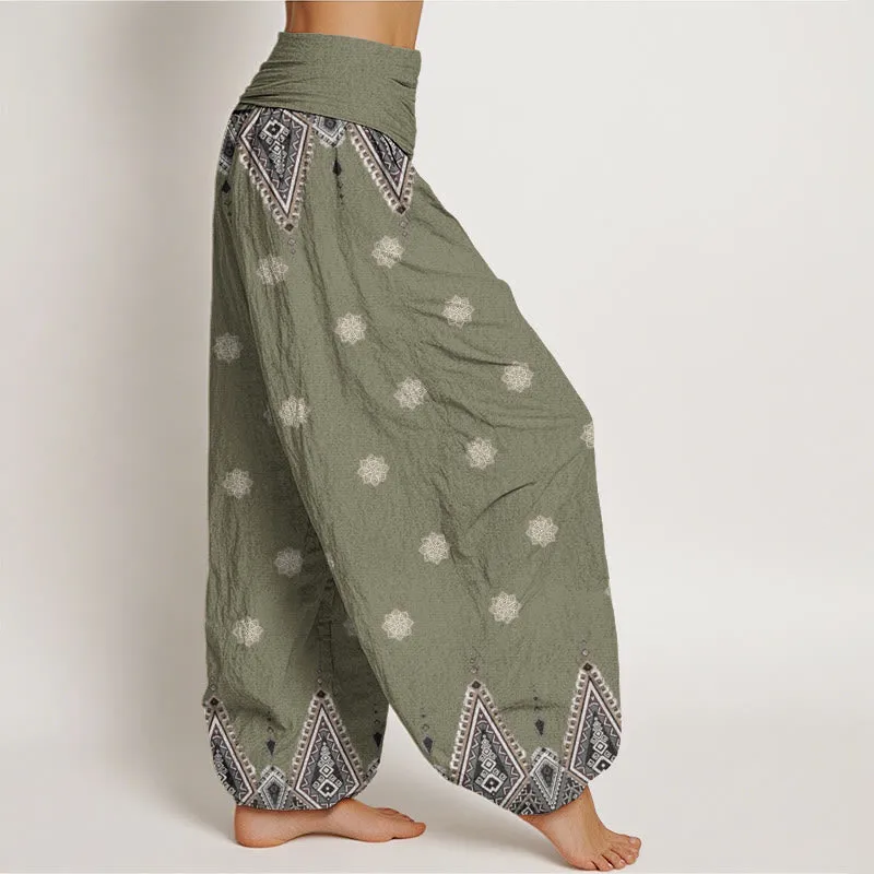 Buddha Stones Bohemian Geometric Floral Design Women's Elastic Waist Harem Pants