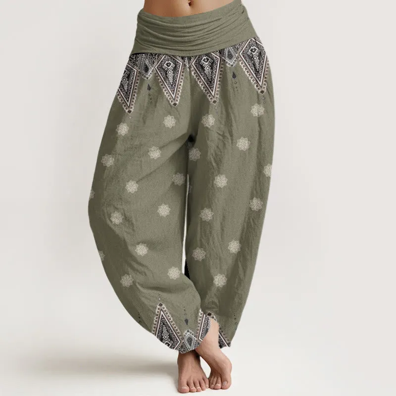 Buddha Stones Bohemian Geometric Floral Design Women's Elastic Waist Harem Pants