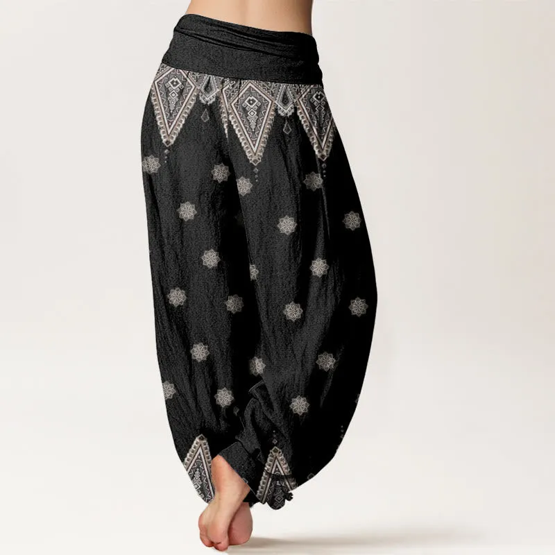 Buddha Stones Bohemian Geometric Floral Design Women's Elastic Waist Harem Pants