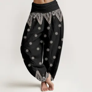 Buddha Stones Bohemian Geometric Floral Design Women's Elastic Waist Harem Pants