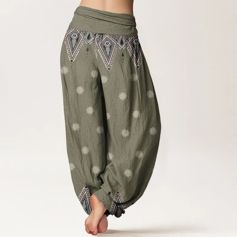 Buddha Stones Bohemian Geometric Floral Design Women's Elastic Waist Harem Pants