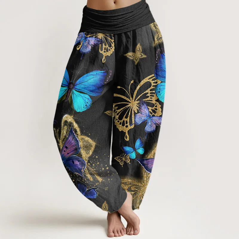 Buddha Stones Casual Butterfly Gold Pattern Women's Elastic Waist Harem Pants