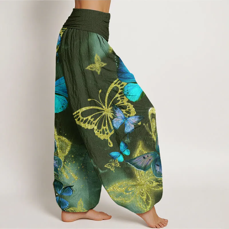 Buddha Stones Casual Butterfly Gold Pattern Women's Elastic Waist Harem Pants