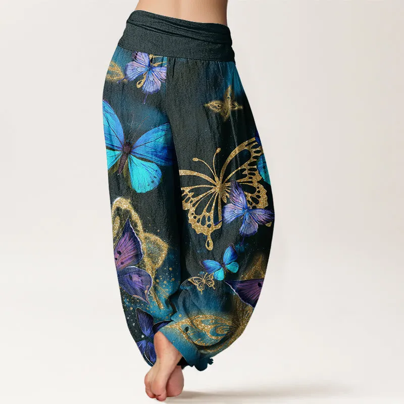 Buddha Stones Casual Butterfly Gold Pattern Women's Elastic Waist Harem Pants