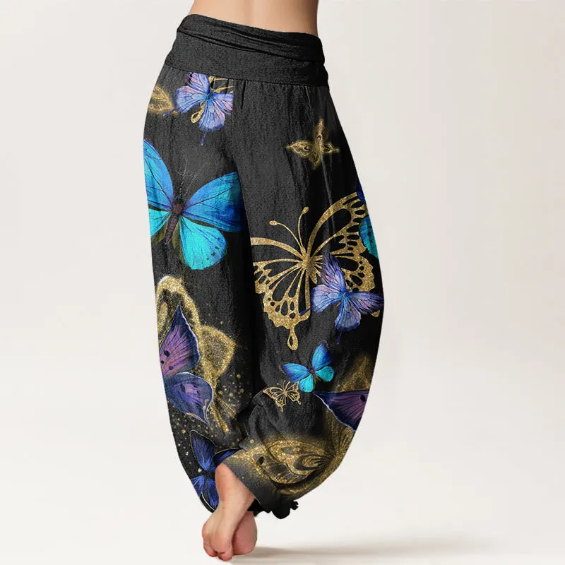 Buddha Stones Casual Butterfly Gold Pattern Women's Elastic Waist Harem Pants