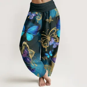 Buddha Stones Casual Butterfly Gold Pattern Women's Elastic Waist Harem Pants