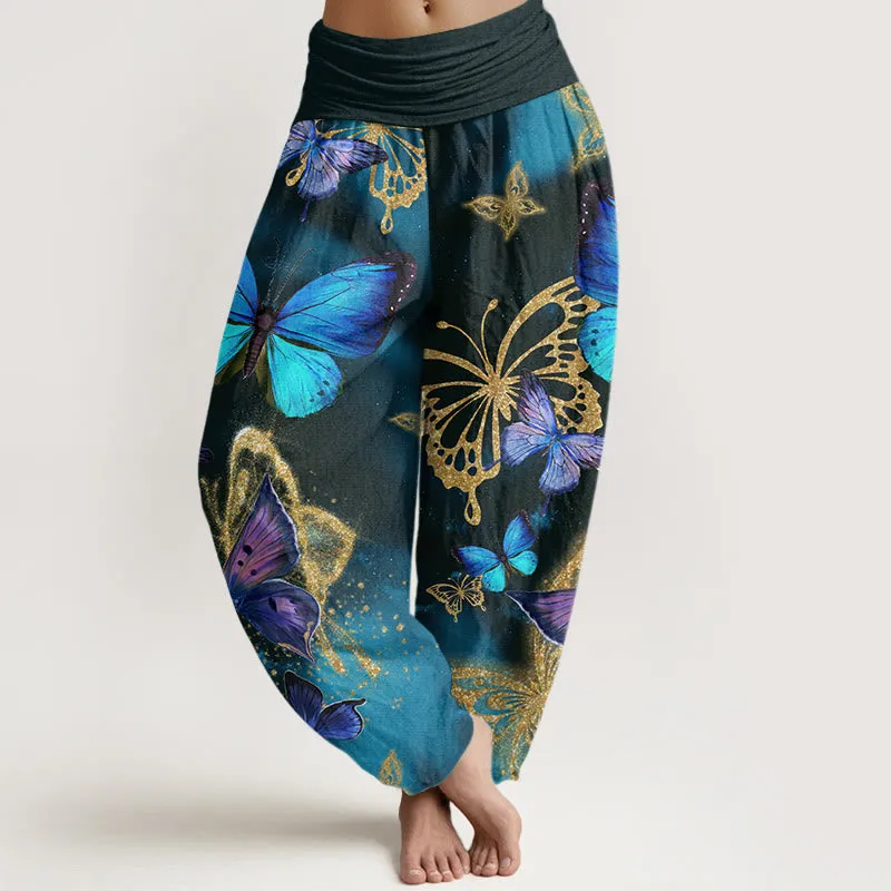 Buddha Stones Casual Butterfly Gold Pattern Women's Elastic Waist Harem Pants