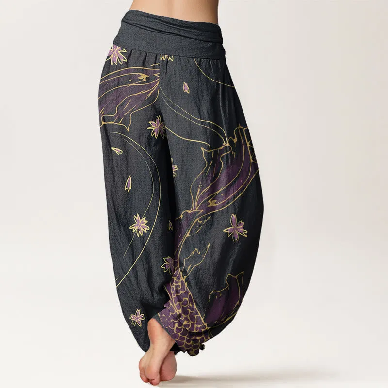 Buddha Stones Casual Koi Fish Cherry Blossom Petal Pattern Women's Elastic Waist Harem Pants