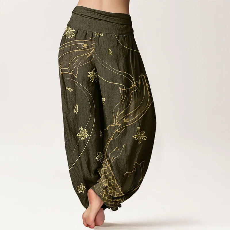 Buddha Stones Casual Koi Fish Cherry Blossom Petal Pattern Women's Elastic Waist Harem Pants