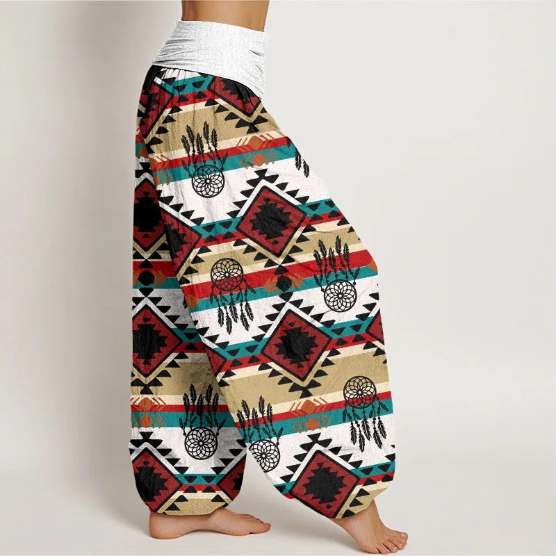 Buddha Stones Casual Symmetrical Dream Catcher Navajo Textile Style Pattern Women's Elastic Waist Harem Pants