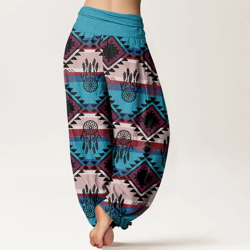 Buddha Stones Casual Symmetrical Dream Catcher Navajo Textile Style Pattern Women's Elastic Waist Harem Pants