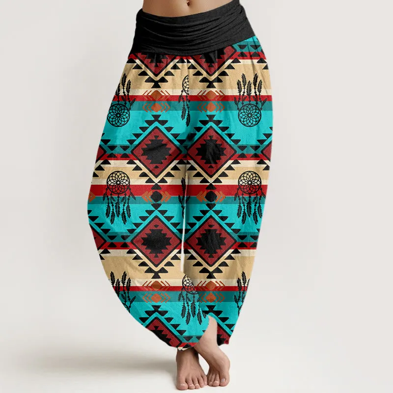 Buddha Stones Casual Symmetrical Dream Catcher Navajo Textile Style Pattern Women's Elastic Waist Harem Pants