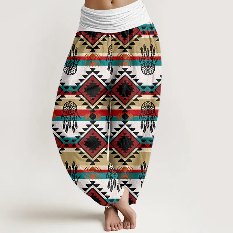 Buddha Stones Casual Symmetrical Dream Catcher Navajo Textile Style Pattern Women's Elastic Waist Harem Pants