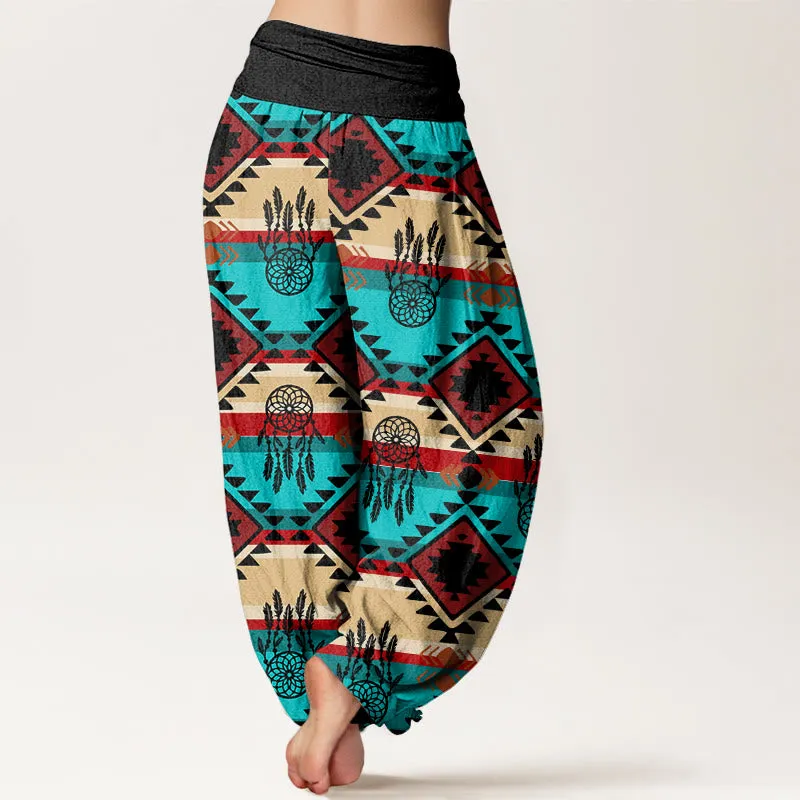 Buddha Stones Casual Symmetrical Dream Catcher Navajo Textile Style Pattern Women's Elastic Waist Harem Pants