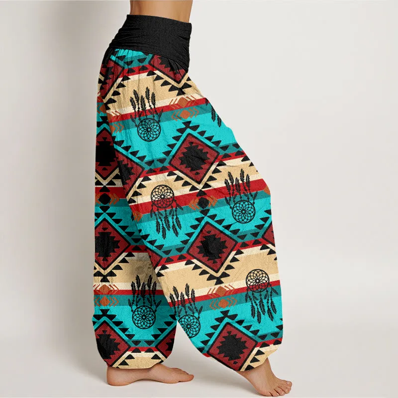 Buddha Stones Casual Symmetrical Dream Catcher Navajo Textile Style Pattern Women's Elastic Waist Harem Pants
