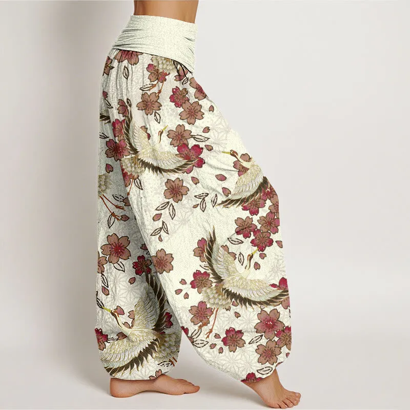 Buddha Stones Crane Peach Blossom Pattern Women's Elastic Waist Harem Pants