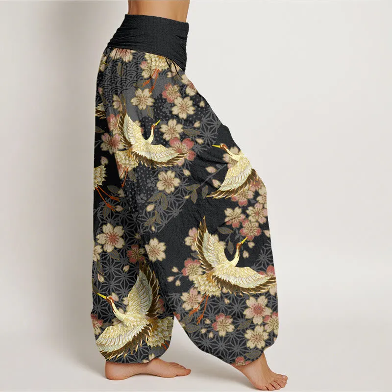Buddha Stones Crane Peach Blossom Pattern Women's Elastic Waist Harem Pants