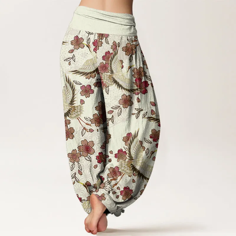 Buddha Stones Crane Peach Blossom Pattern Women's Elastic Waist Harem Pants
