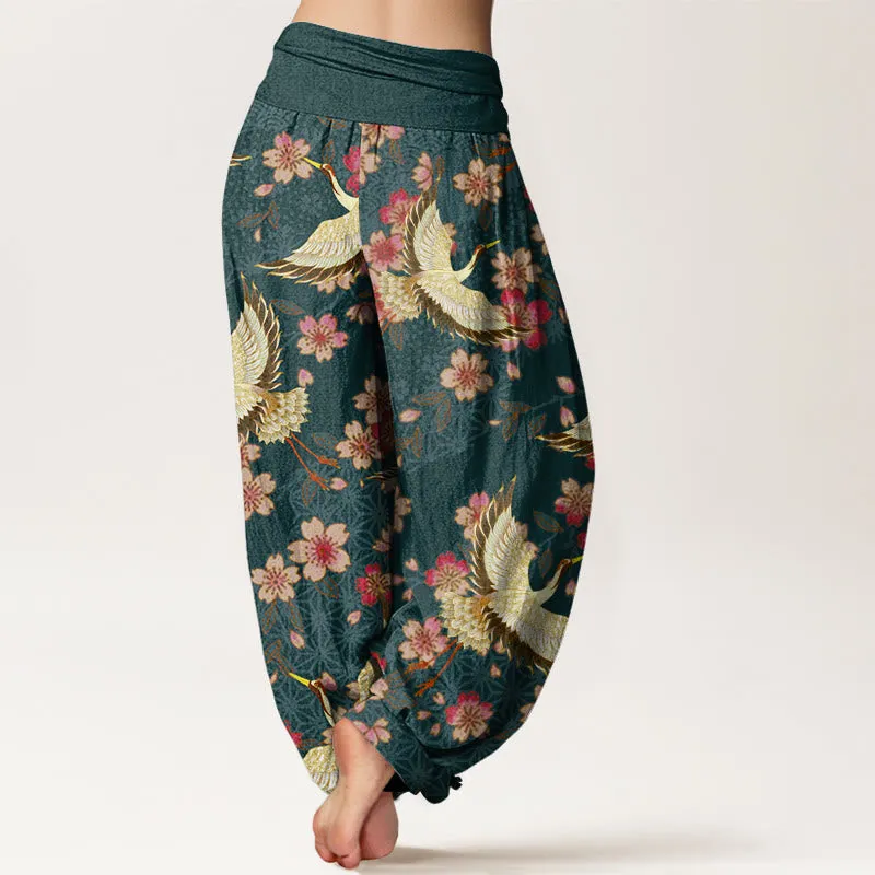 Buddha Stones Crane Peach Blossom Pattern Women's Elastic Waist Harem Pants