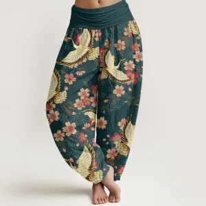 Buddha Stones Crane Peach Blossom Pattern Women's Elastic Waist Harem Pants