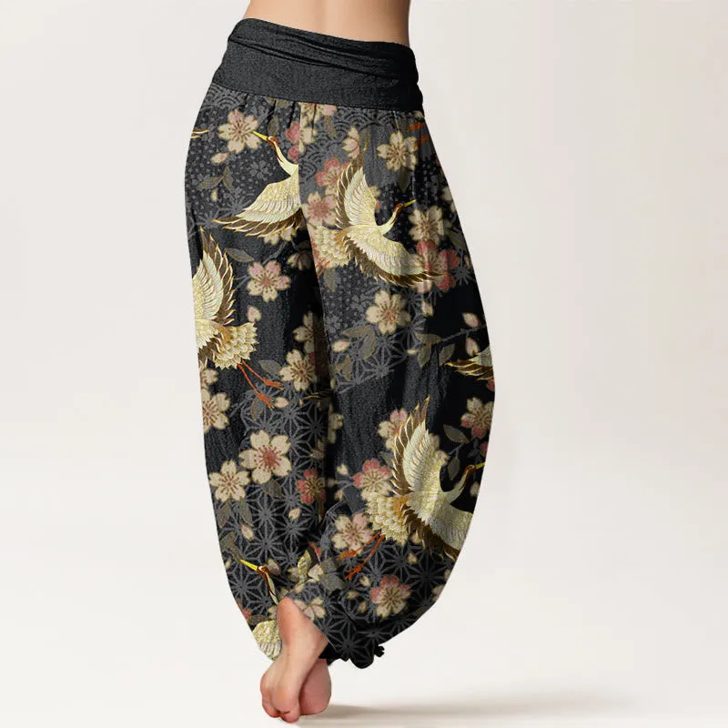 Buddha Stones Crane Peach Blossom Pattern Women's Elastic Waist Harem Pants