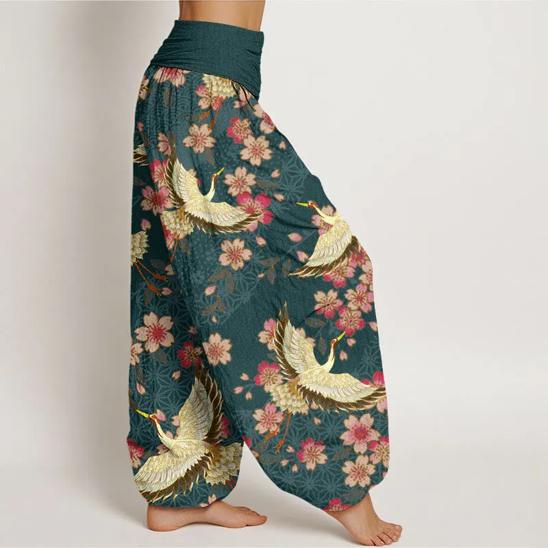 Buddha Stones Crane Peach Blossom Pattern Women's Elastic Waist Harem Pants