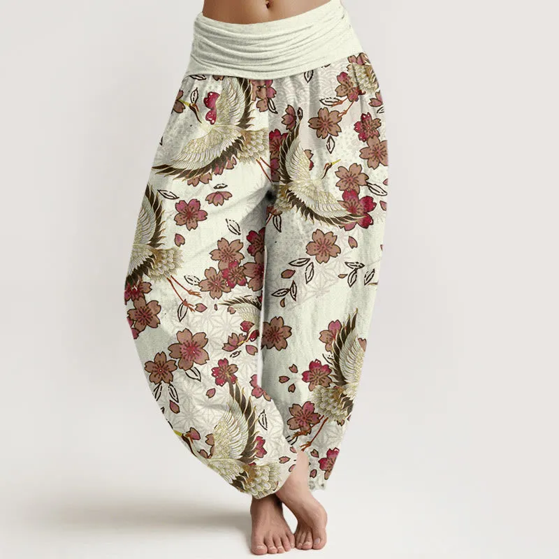 Buddha Stones Crane Peach Blossom Pattern Women's Elastic Waist Harem Pants