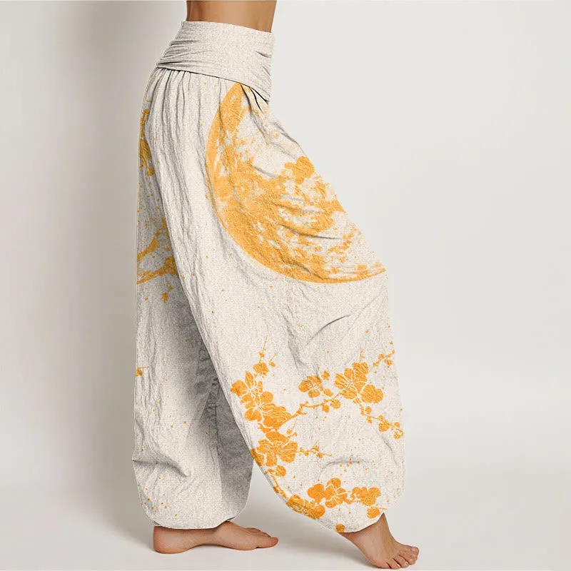 Buddha Stones Golden Plum Blossom Full Moon Pattern Women's Elastic Waist Harem Pants