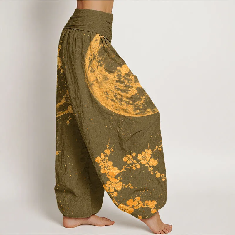 Buddha Stones Golden Plum Blossom Full Moon Pattern Women's Elastic Waist Harem Pants
