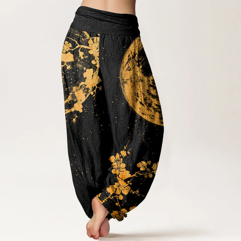 Buddha Stones Golden Plum Blossom Full Moon Pattern Women's Elastic Waist Harem Pants