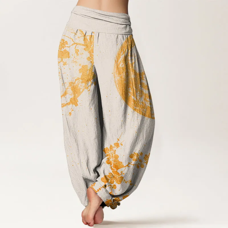 Buddha Stones Golden Plum Blossom Full Moon Pattern Women's Elastic Waist Harem Pants