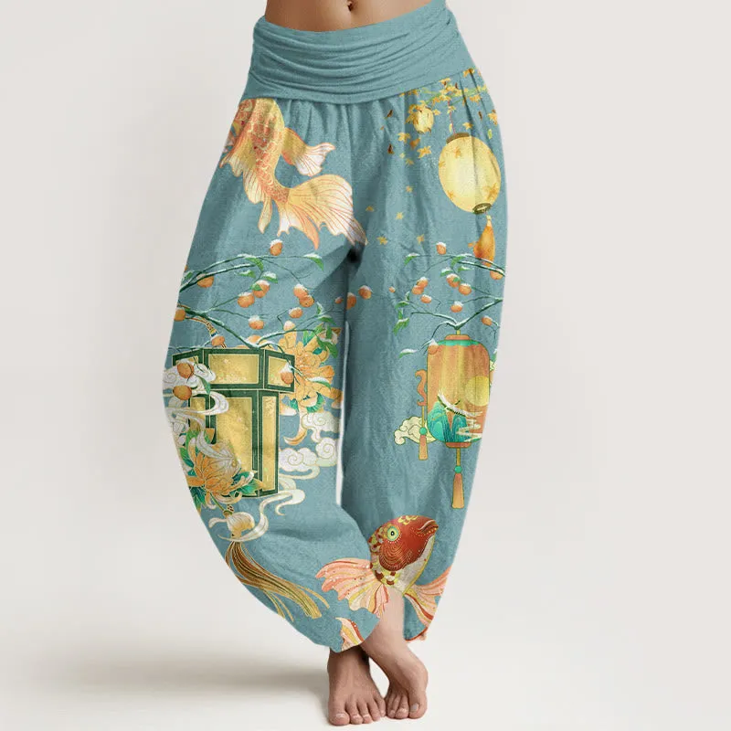 Buddha Stones Koi Fish Lanterns Chrysanthemums Fruit Trees Women's Elastic Waist Harem Pants