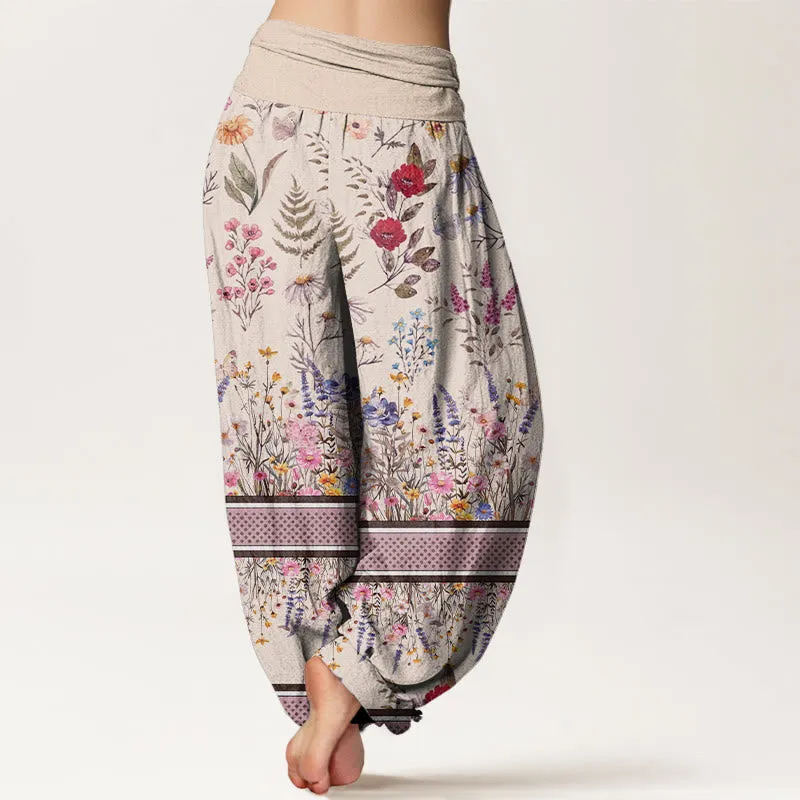 Buddha Stones Multicolored Flowers Butterflies Design Women's Elastic Waist Harem Pants