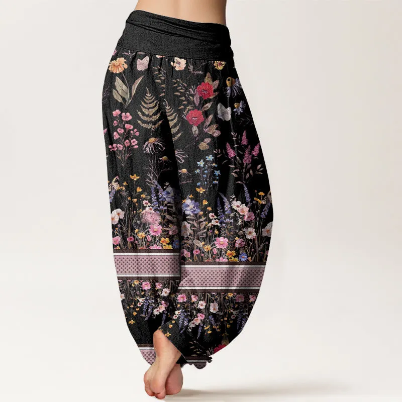 Buddha Stones Multicolored Flowers Butterflies Design Women's Elastic Waist Harem Pants