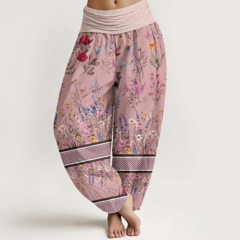 Buddha Stones Multicolored Flowers Butterflies Design Women's Elastic Waist Harem Pants
