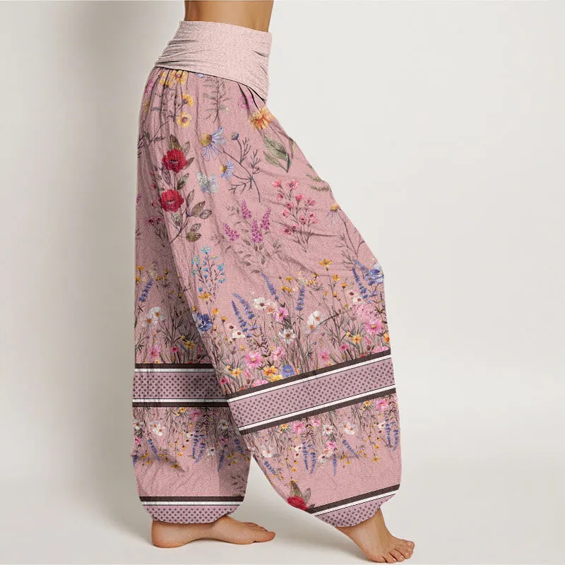 Buddha Stones Multicolored Flowers Butterflies Design Women's Elastic Waist Harem Pants