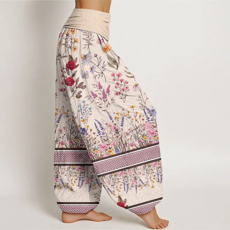 Buddha Stones Multicolored Flowers Butterflies Design Women's Elastic Waist Harem Pants