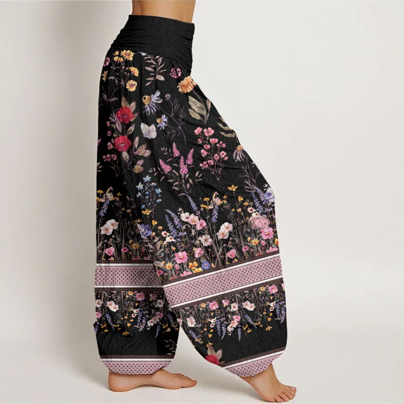 Buddha Stones Multicolored Flowers Butterflies Design Women's Elastic Waist Harem Pants