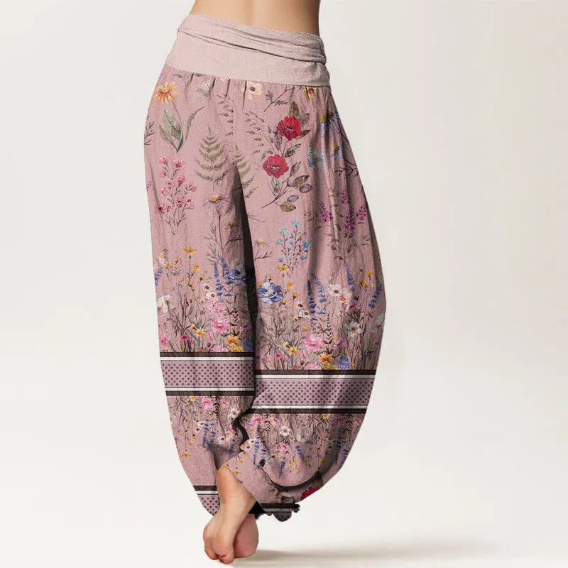 Buddha Stones Multicolored Flowers Butterflies Design Women's Elastic Waist Harem Pants