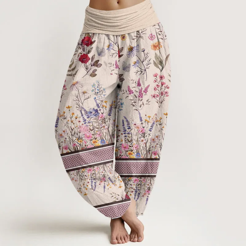 Buddha Stones Multicolored Flowers Butterflies Design Women's Elastic Waist Harem Pants